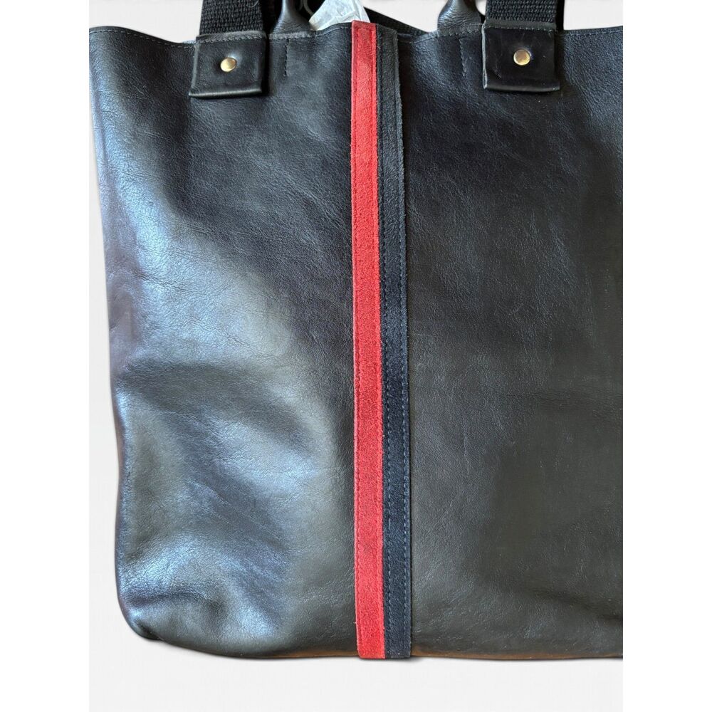 Clare V. Le Zip Sac Black Leather Tote Navy Red Stripe